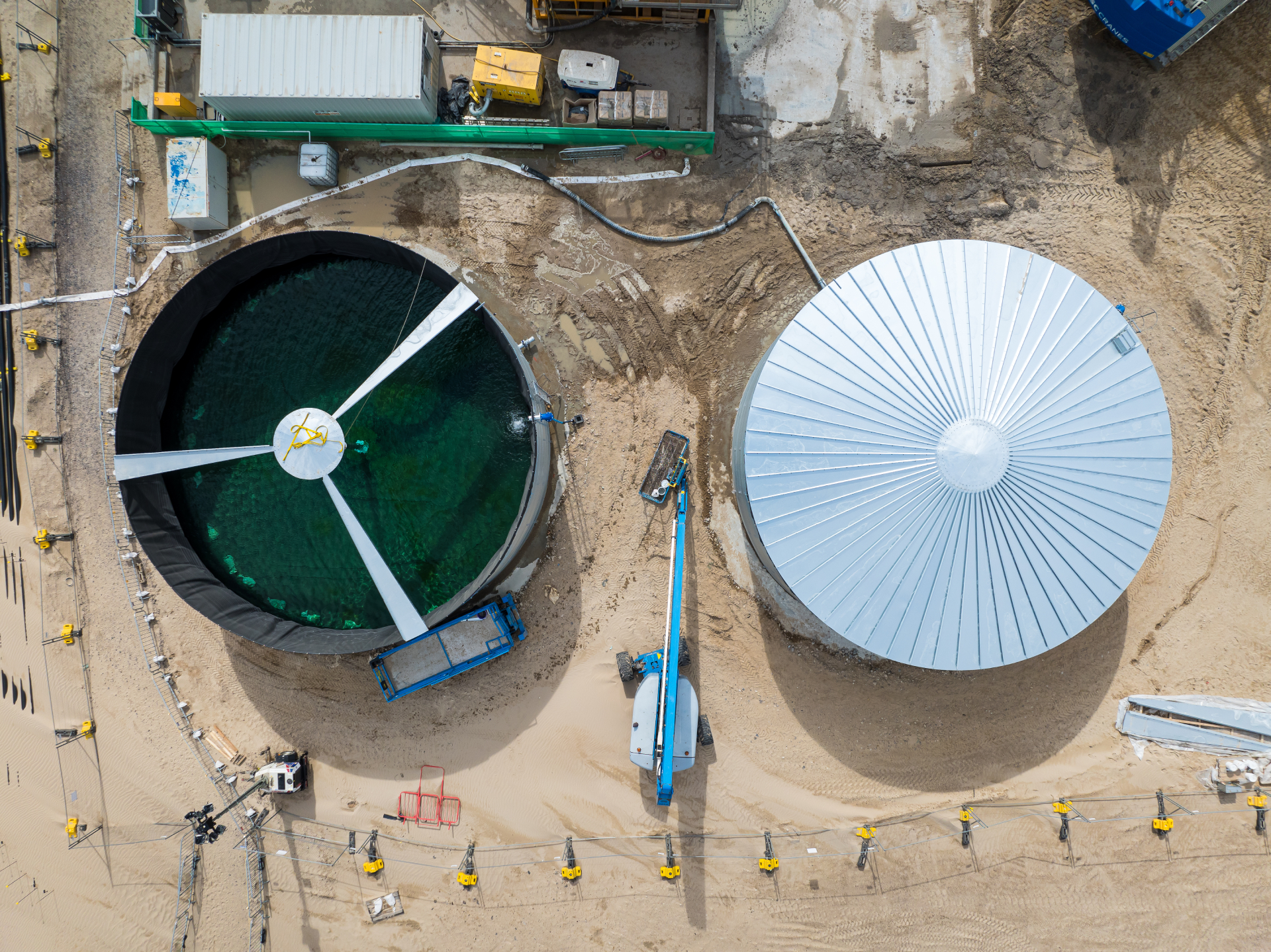 Aerial view of water tanks on a construction site